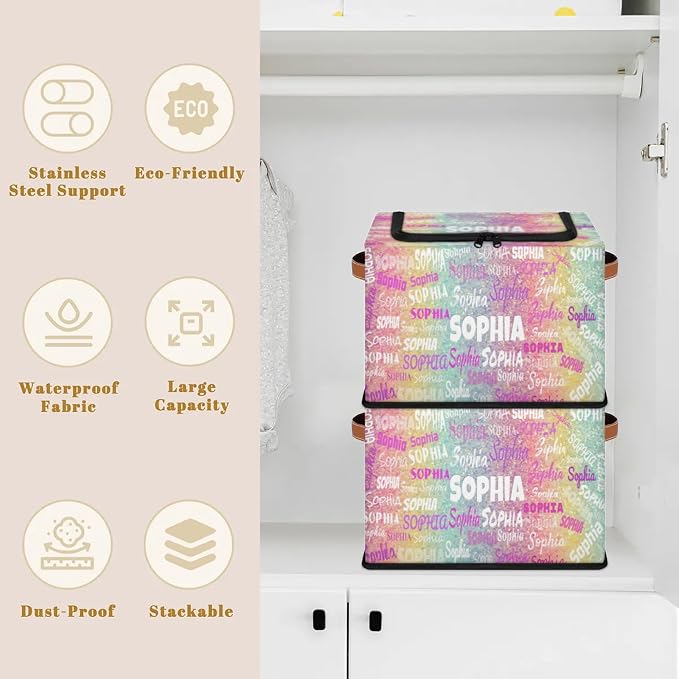Personalized Storage Bins with Zipper Lid, Customized Name Storage Basket Rectangle Clothes Organizer for Kids and Pets Toys Shelf Closet, Colorful Bling Sequins Glitters Pink and Yellow