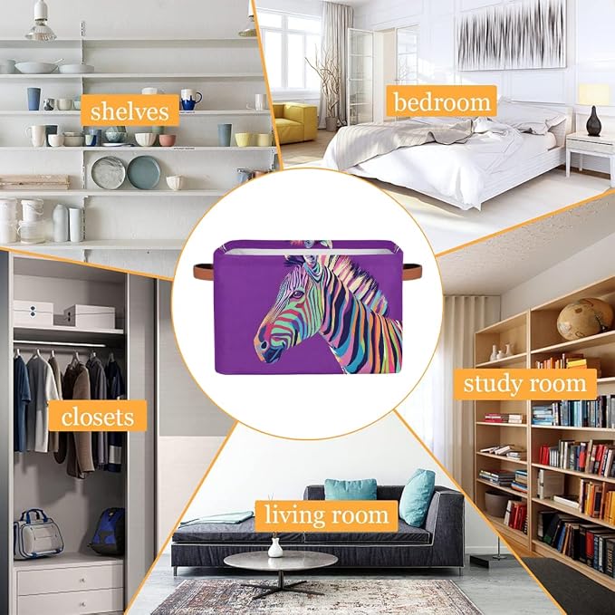 Pardick Storage Baskets Bin, Animal Zebra Collapsible Canvas Fabric Storage Bin Decorative Baskets Toy Organizer Rectangle Storage Boxes with Handles for Home Shelves Nursery,1Pack,A-1812
