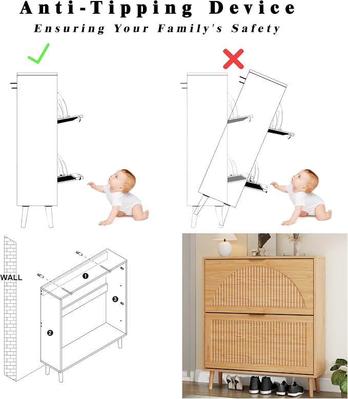 Shoe Storage Cabinet with 2 Flip Drawers, Narrow Wood Shoe Organizer Cabinet with Fluted Panel, Slim Shoe Rack for Entryway, Freestanding Shoe Cabinet for Living Room, Hallway, Wood Color