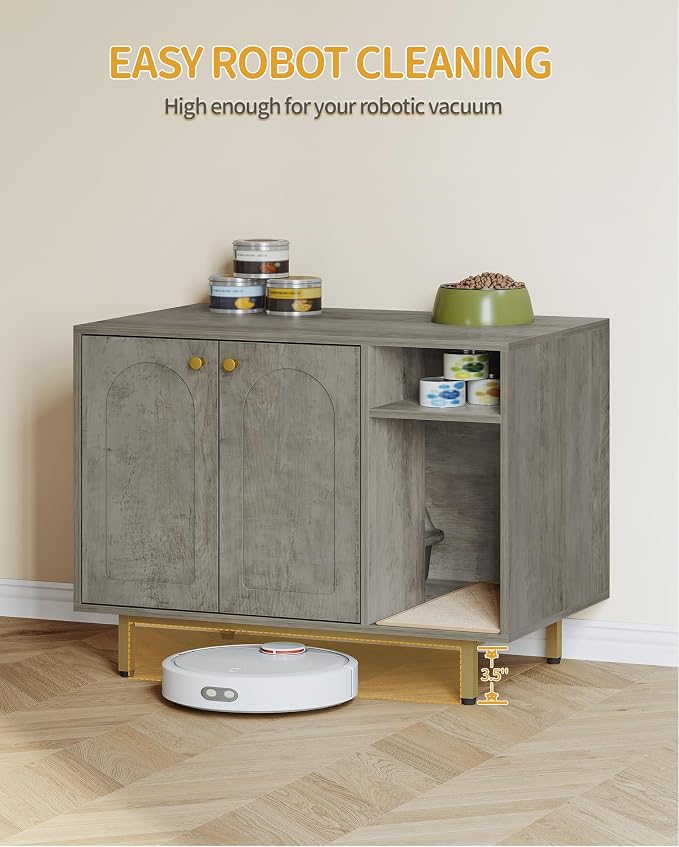 Hzuaneri Cat Litter Box Enclosure, Hidden Litter Box Furniture with Storage | Large Wooden Cabinet with Sisal Mat, Modern Cat Washroom for Living Room, Bedroom, Entryway, Greige and Gold CB01505G