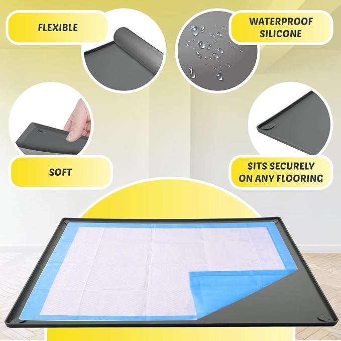 Dog Pee Pad Holder Tray Fits for 28” x 23” Pee Pads - 2 Pack - Grey | Corner Lock Holes, Raised Edges, Non-Spill, Easy to Clean Silicone Dog Potty Tray Holder, For Indoor Floor Protection