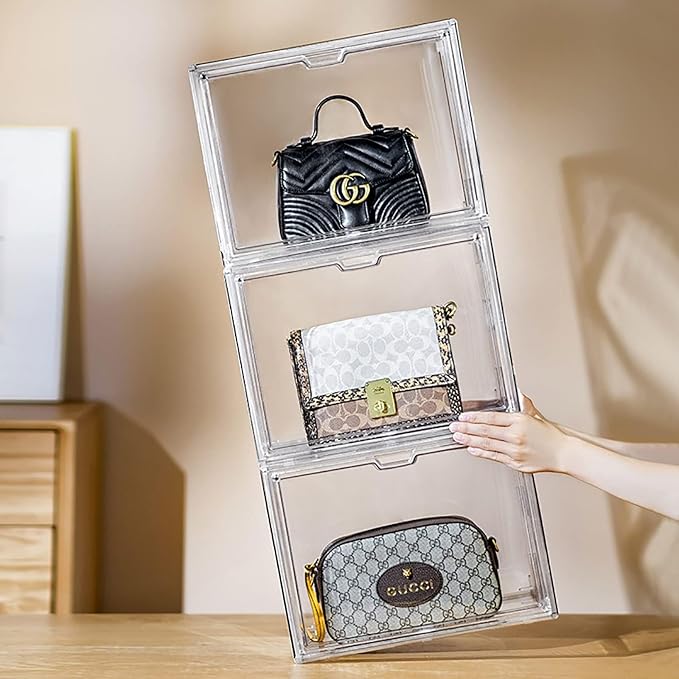 WMM Purse Storage Organizer for Closet, 3 Packs Plastic Acrylic Clear Handbag Purse Shoes Book Figure Toy Display Case, Storage Bins for Cosmetic, Stackable Magnetic Drop Front Storage Organizer