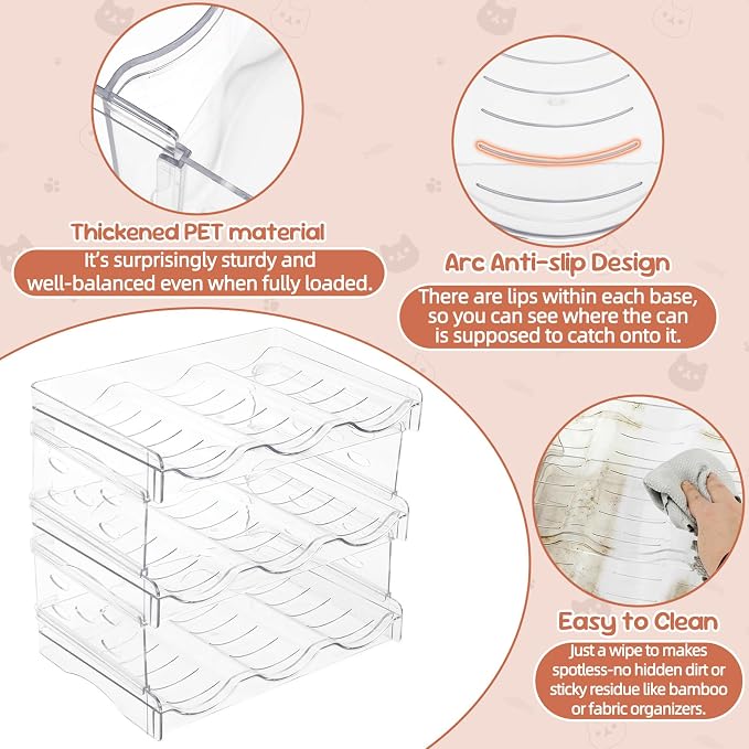 FHTONGE 3-Tier Heavy-Duty Transparent Cat Can Organizer for Multiple Sizes | Wet Cat Food Storage Rack for Pantry Kitchen Cabinet Rridge, Pet Canned Goods Dispenser Shelf Dog Tins Holder Container
