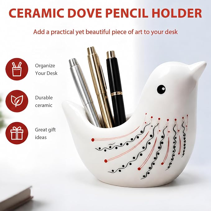Ceramic Pigeon Shaped Pen Pencil Holder for Desk Decoration Accessories Pigeon Decor Makeup Brush Pen Cups Succulent Plant Pot Office School Ideal Gifts for Women, Mom or Birthdays