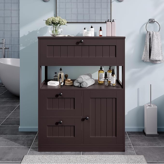 GRUSIGN Bathroom Cabinet, Modern Bathroom Floor Storage Cabinet Organizer with 1 Door and 3 Drawers, Freestanding Cupboard for Kitchen/Living Room Use