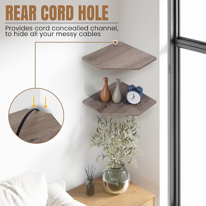 Fun Memories Corner Shelf Wall Mount, Floating Corner Shelves, Set of 2 Corner Wall Shelf Organizer, Rustic Wood Wall Storage Display Shelves for Living Room Bedroom Bathroom Kitchen, Rustic Grey