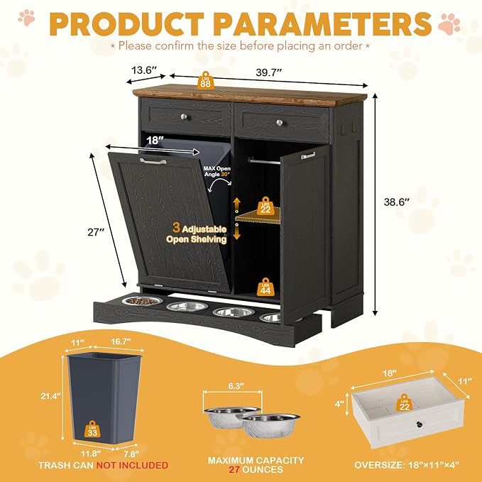 39.7’’W Dog Feeding Station, Tilt-Out Dog Food Cabinet for Multi-Pets, Pet Feeder Station with 4 Feeding Bowls, Dog & Cat Storage Organizer with Hanging Rod, (Black, Dual Doors)