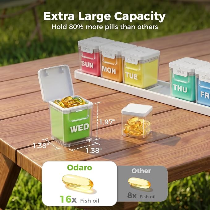 ODARO Extra Large Weekly Pill Organizer Once A Day - Color | Large Capacity, Big Font, Wide Opening Easy to Use, Detachable Portable, Spill Proof, BPA Free