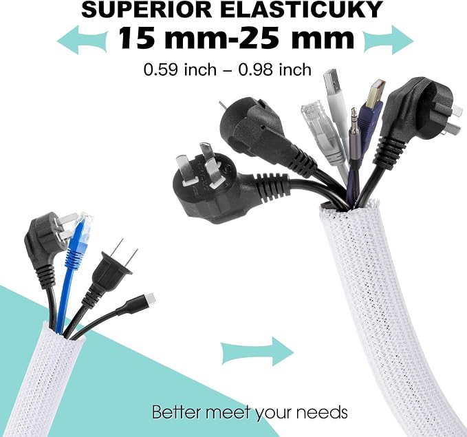 AGPTEK Cable Sleeve, 10ft - 1 inch Cable Management Cord Hider, White | Desk Cord Cover Organizer Wire Hider for Office Computer TV Wire Loom Tubing Pet-Proof Cord Protector from Cat Dog Chewing
