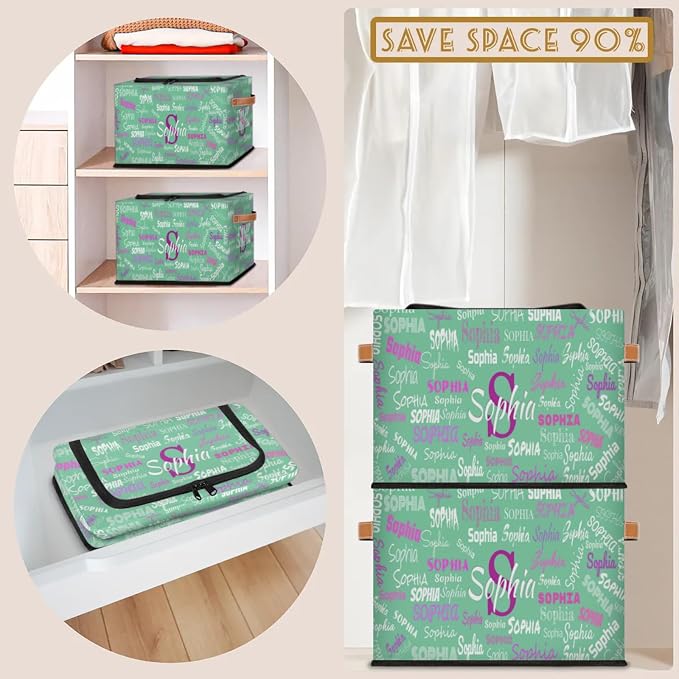 Personalized Storage Basket with Name, Mint Green Background Rectangle Toys Storage Bin with Handles Zipper Lid for Baby, Boys, Girls, Collapsible Basket for Clothes, Books