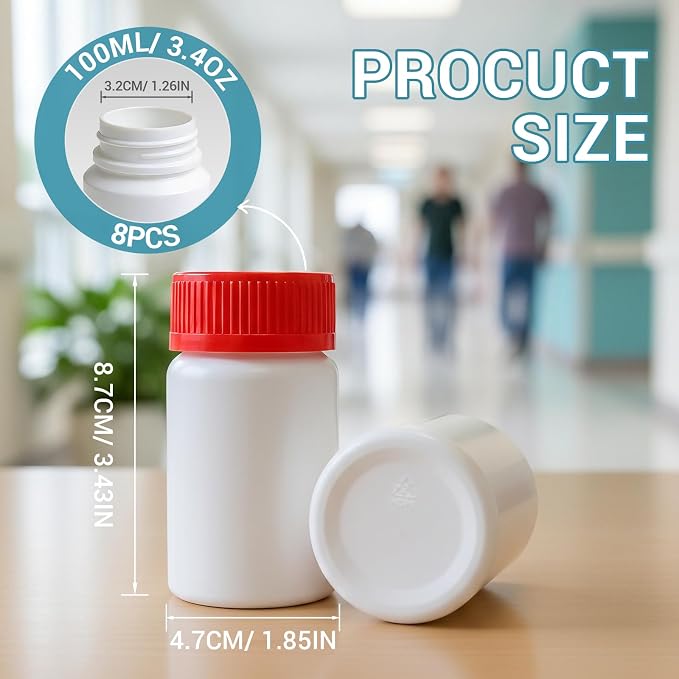 3.4oz Plastic Pill Bottles with Child Resistant Caps, Empty White HDPE Solid Containers with Labels, Reusable Supplement Bottles for Powder, Pills, Vitamins (8 Pack)