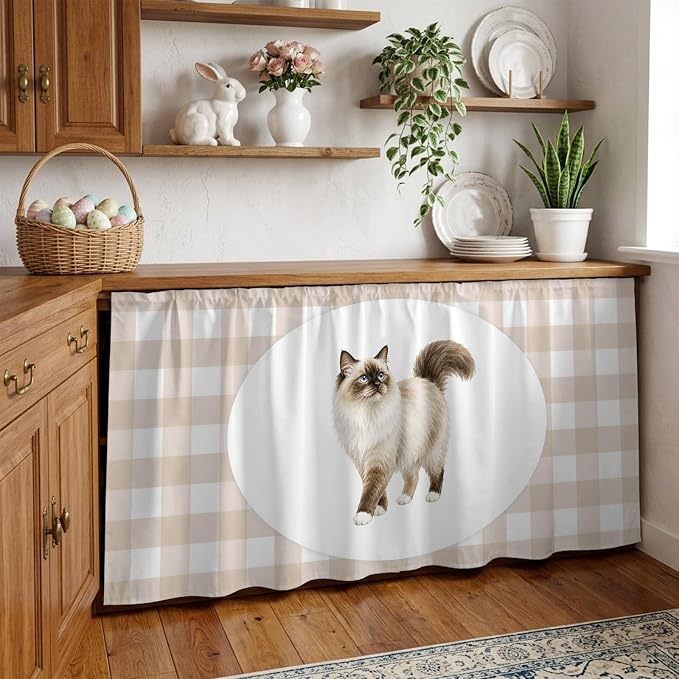 Ragdoll Cat Sink Skirt for Bathroom, Self-Adhesive Under Sink Curtain, Modern Linen Plaid Farmhouse Pet Cats Hide Pipes & Storage Fabric Cabinet Skirt Cover for Kitchen Laundry 32"x55"
