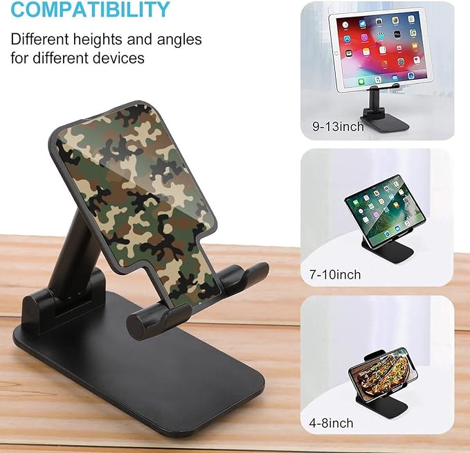 Multi Angle Foldable Dark Brown Camouflage Cell Phone Desk Stand | Anti Slip, Desktop Smartphone Holder, Compatible with 4"-13" Tablet, Travel Office