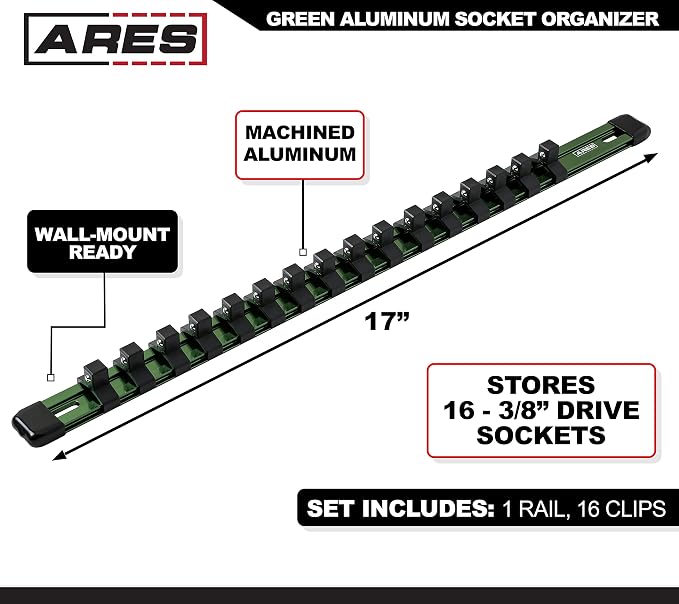 ARES 60047 3/8-In Green Socket Rail | Part No. 60047; Store up to 16 Sockets and Keep Your Tool Box Organized