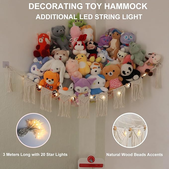 Large Stuffed Animal Hammock or Net, Macrame Boho Toy Hammock with LED Light, Decorate Net for Stuffed Animals Corner, Space Saving Hanging Stuff Animal Organizer Holder for Kids Bedroom Playroom