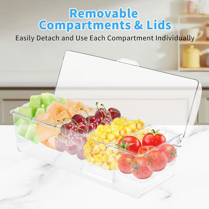 Tefola Ice Chilled Condiment Caddy with Lid, 5 Compartment Condiment Server Condiment Containers with Lids Serving Tray Platter for Bar Accessories, Fruit, Salad, Taco, Party Garnish (1, Clear)