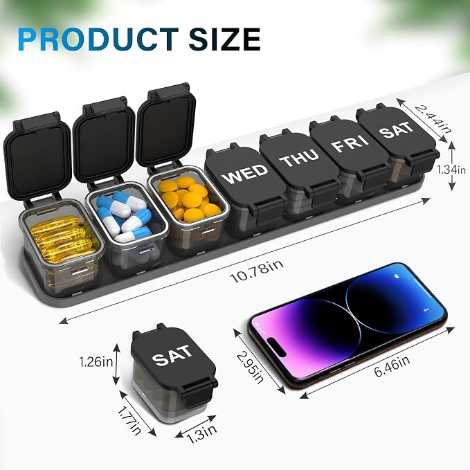 Extra Large Weekly Pill Organizer with 7 Detachable Compartments | XL Pill Organizer, Portable Medicine Pill Organizer for Supplements, Daily Pill Case for Home and Travel