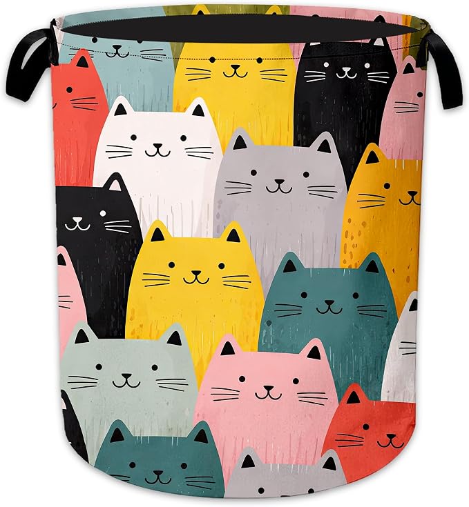 Cute Cat Laundry Hamper, Colorful Cat Laundry Baskets, Waterproof Oxford Cloth for Room/Bathroom/Bedroom/Dormitories 16x20.8 Inch