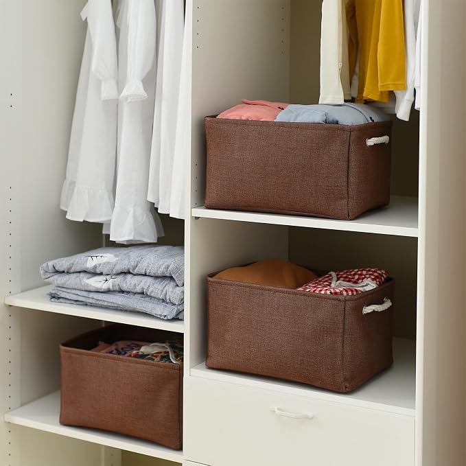 Decorative Basket Rectangular Fabric Storage Bin Organizer Basket with Handles for Clothes Storage (Brown,Large-3Pack,15.7L*11.8W*8.3H)