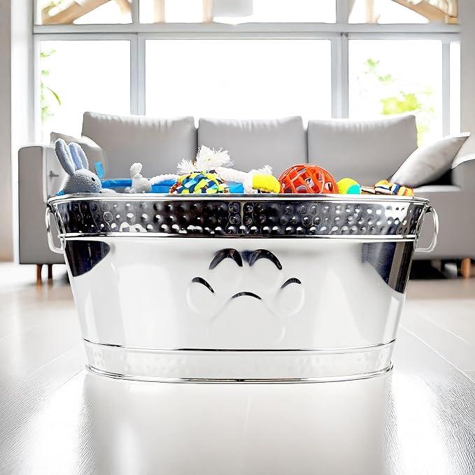 BREKX Steel Metal Pet Storage & Dog Toy Bin w/ Handles, Chew Proof | Dog Toy Box • Stainless Steel • Organizer