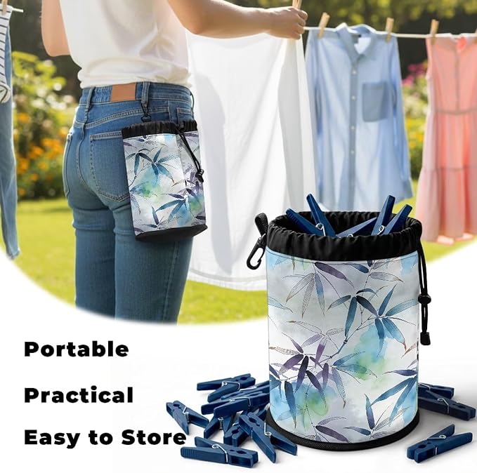 Clothespin Drawstring Bag, Bamboo Branch Print Portable Laundry Peg Organizer Pouch with Multi-Hang Design, Storage for Clips, Perfect for Drying Rack, Camping, Beach, Dorm