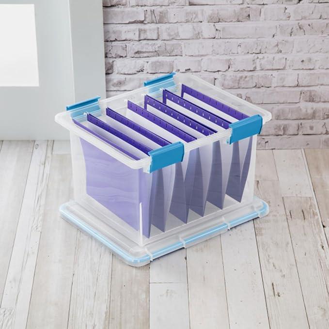 Sterilite Gasket Storage Box with Lids for Home & Office, 32 Quart, 12-Pack | Heavy-Duty, Stackable, and Organizing Containers for Bathroom, Cabinet, Closet, and Garage, Clear and Blue Aquarium Latches
