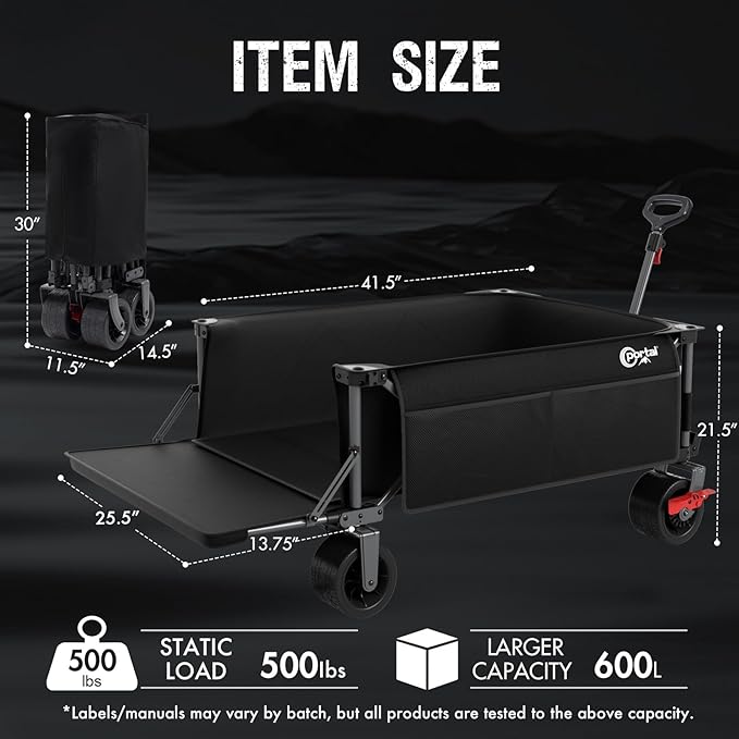 Portal 26" Extra Wide 55" Long Foldable Wagon with Tailgate, Large 600L Collapsible Wagon with Cargo Net, 500 LBs Heavy Duty Utility Cart with Big All-Terrain Wheels for Beach, Camping, Sports, Dogs | 26" Extra Wide 55" Long Wagon with Cargo Net, Heavy...