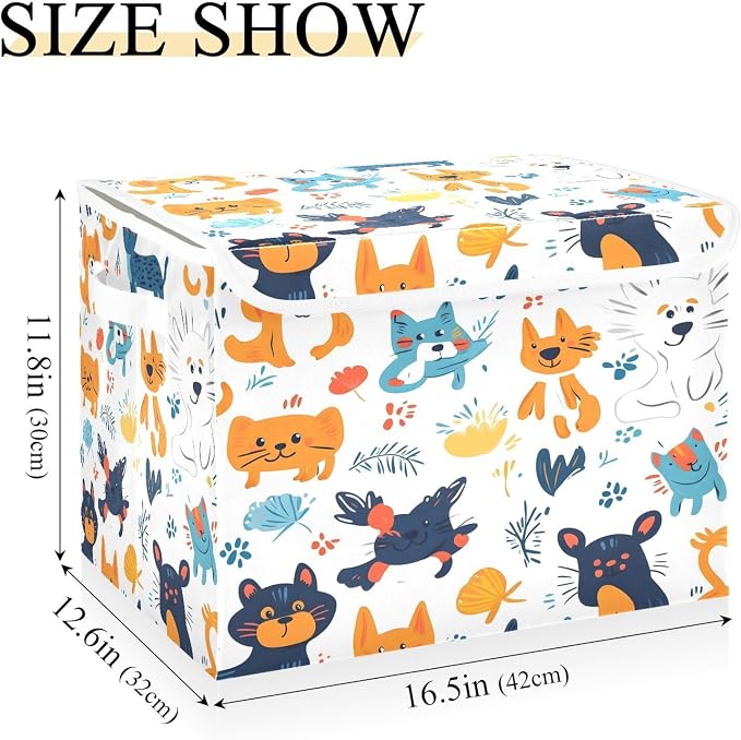 Pets Cats and Dogs Storage Box with Lid and Handles Large Collapsible Fabric Storage Basket Shelf Closet Organizer Bin Holiday Gift Box for Home Bedroom Office