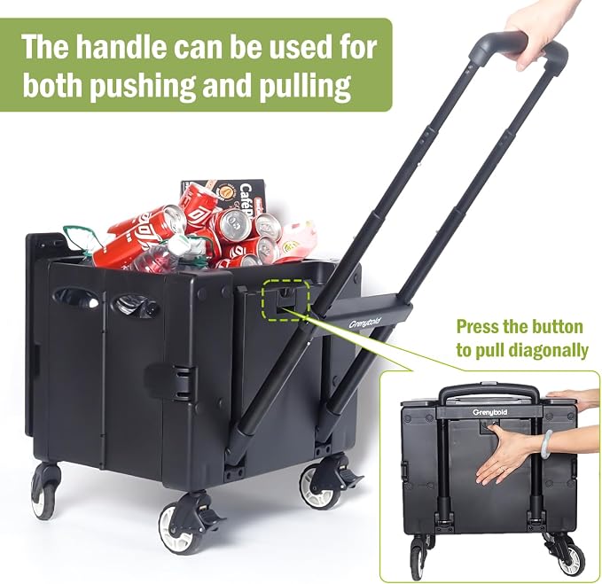 Foldable Utility Cart Portable Rolling Crate Handcart Shopping Trolley Collapsible Rolling Crate cart Tool Box, with Lid, Pull carts on Wheels, for Grocery, Shopping, Office, Teacher