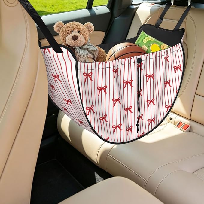 Luxury Red Bow Stripe Car Seat Organizer Backseat Storage Bag, Large Waterproof Vehicle Organizer With Adjustable Straps For Gear Essentials, Fits Most Cars