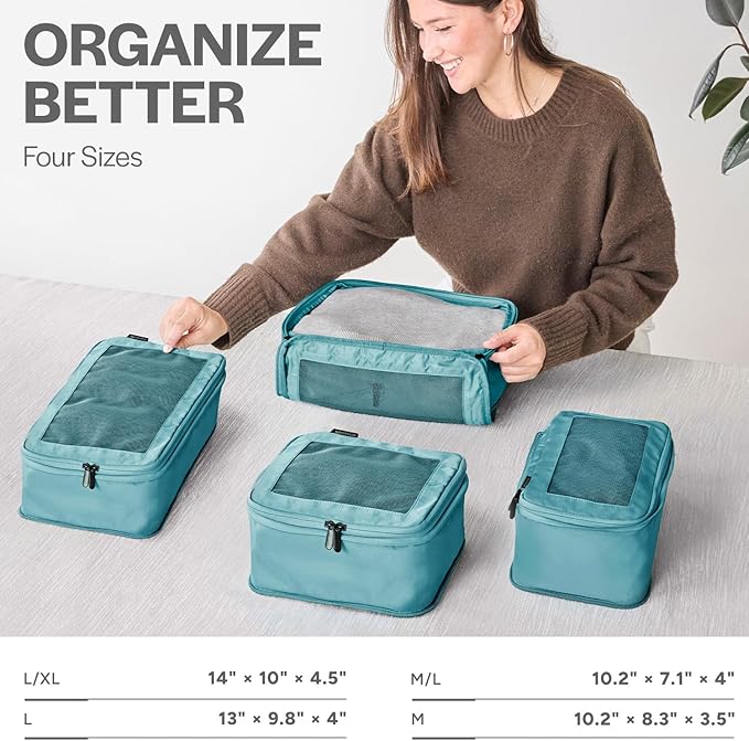 Compression Packing Cubes for Travel, 4-Pack, Teal | Solves overpacking, 4-Piece set fits most carry-ons, 50% Space savings, Compression luggage organizer bags