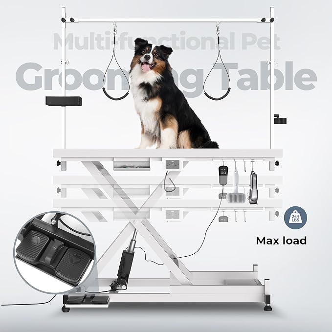 Electric Dog Grooming Table for Large Dogs - Professional Heavy Duty Height Adjustable Home Indoor Pet Grooming Station with Grooming Arm, Anti Slip Tabletop & Tool Organizer, 50''/White