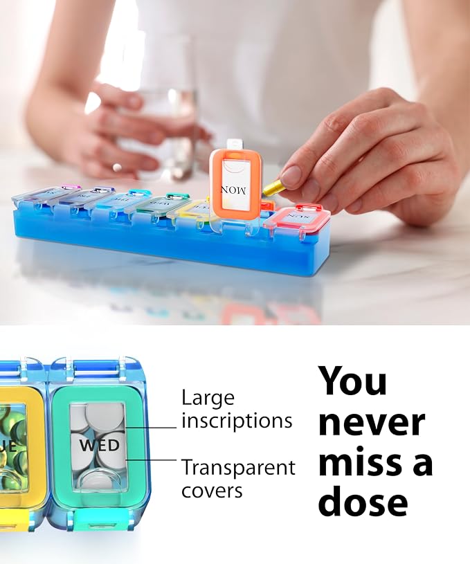 Weekly Pill Organizer 1 time a Day – Pill Box 7 Day with Enhanced Waterproof Seal, Large compartments Hold Big Vitamins & Supplements, Upgraded Locking lids, for Home & Travel use, Durable Hard case
