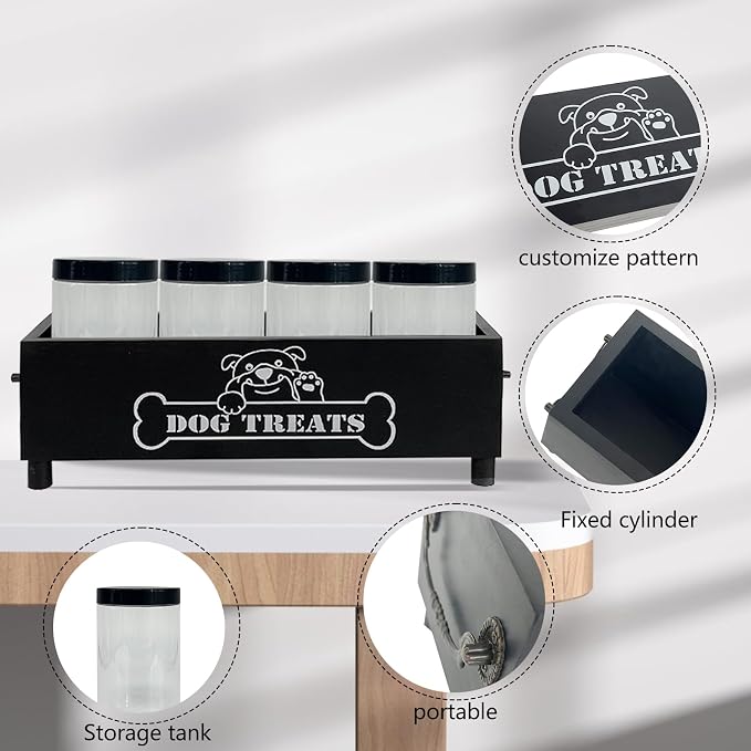 Large Dog Treats Container, Dog Cookie Jar for Dogs Cat Treats Container, Farmhouse Wood Pet Treats Storage Organizer for Dog Food Storage Container with 4 Jars, Cat Dog Treat Organizer