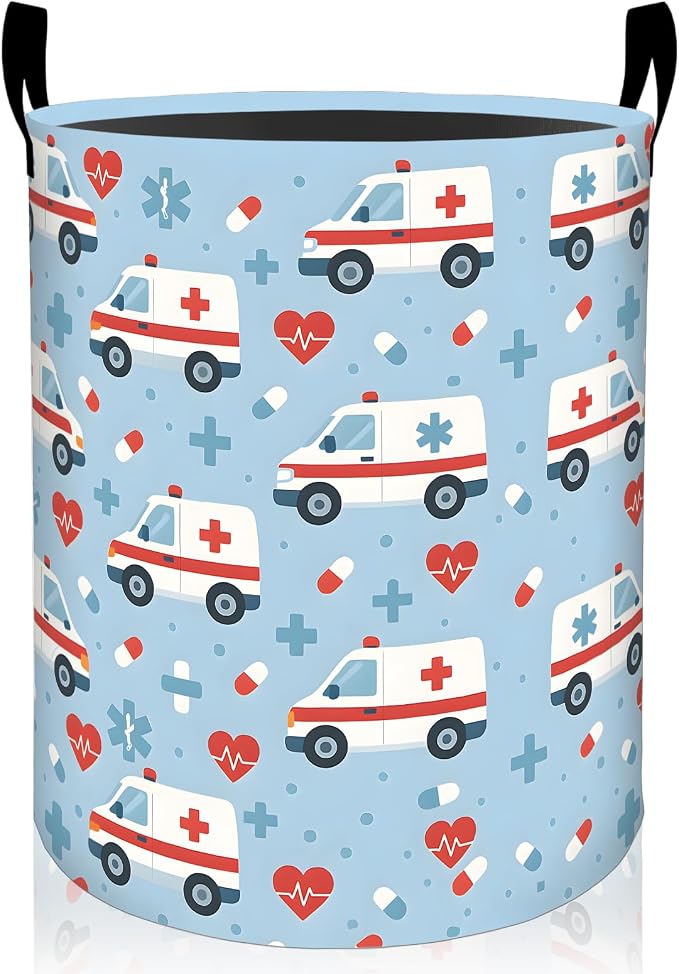 Ambulance Laundry Basket, Medical Vehicle Oxford Cloth Dirty Clothes Collapsible Hamper for Room Decor, Cute Medical Theme Gifts, Toy Organizer 19.7 x 15.7 Inches for Bedroom Bathroom Dorm