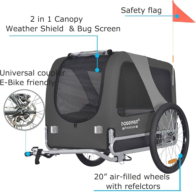 DOGGYHUT® Premium Large Pet Bike Trailer, Up to 77 lbs (Gray) | Bicycle Trailer for Small Medium or Large Dogs, Dog Bicycle Carrier, Low Center of Gravity, Folding Frame Cart