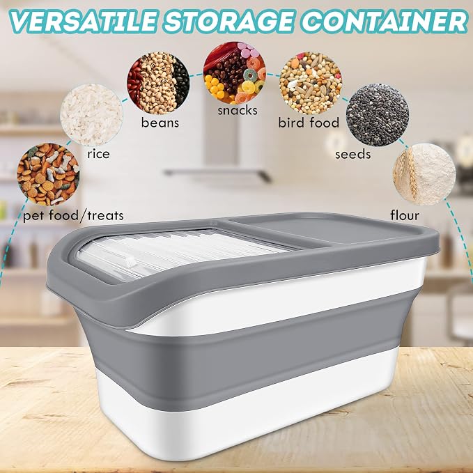 Pet Food Storage Containers, Collapsible Cat Food Container with Transparent Sliding Lid,10-13 lb Plastic Dog Food Bin with Measuring Cup and Dog Food Scoop