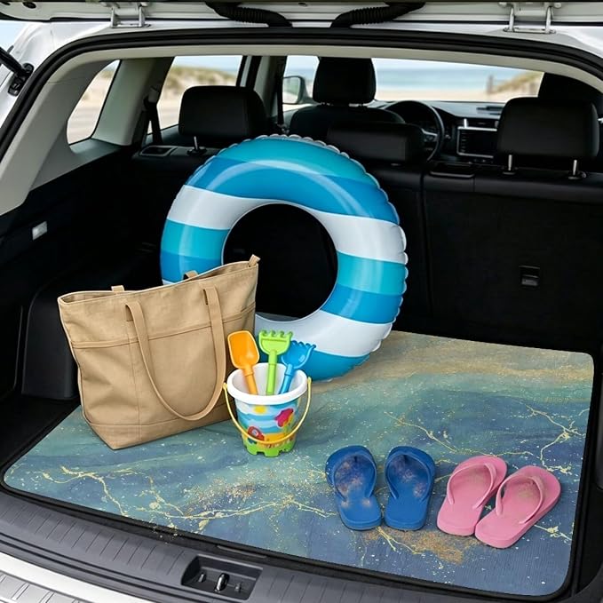 Howilath Blue Gold Marble Trunk Liner for Car SUV All Weather Non-Slip Rear Trunk Mat Durable Polyester Carpet for Daily & Outdoor Use