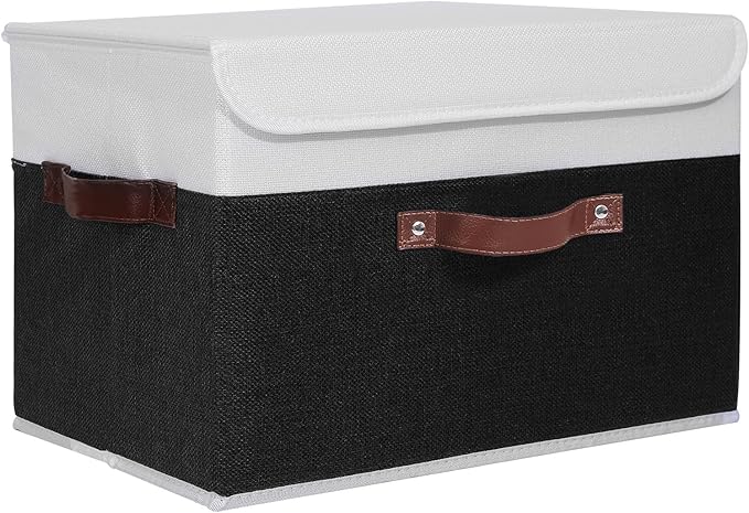 ANMINY Fabric Storage Box Bins with Lids, Black White, 15"x10"x10" | Keepsake Memory Storage, Cotton Linen, PP Board Reinforced, Washable, PU Handles, Foldable & Stackable, Decorative, Large