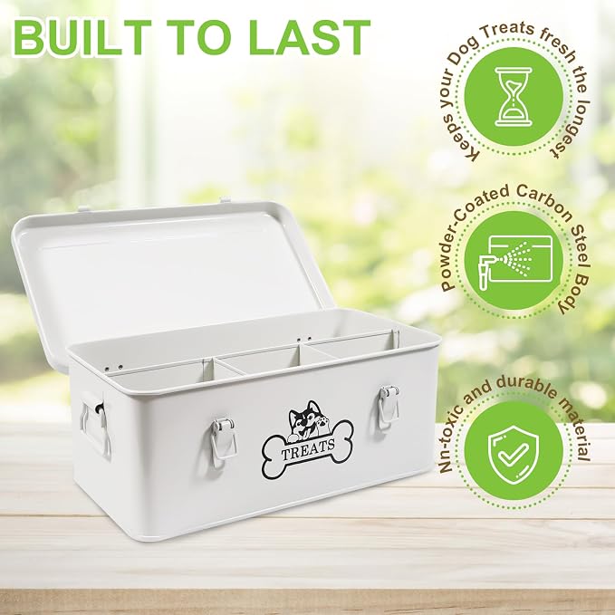 Metal Dog Treat Container, 4 Compartment Dog Treat Organizer | Dog Treats Storage Box with Lid, Rectangular Dog Cat Treats Station, Durable and Great Gift for Pet Owners