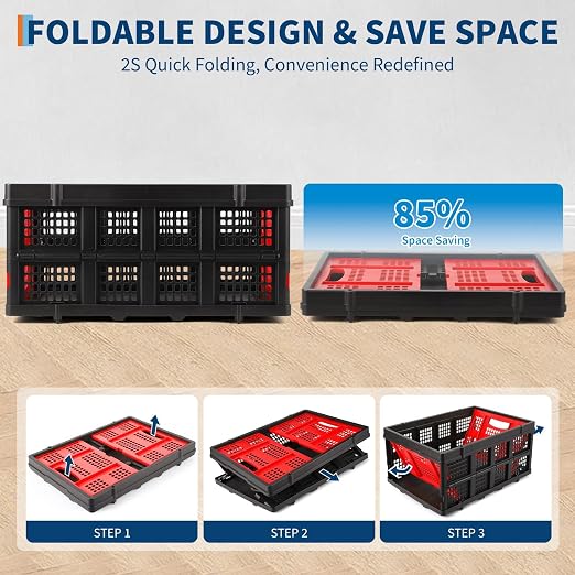 Garvee Collapsible Crate, 55L Foldable Plastic Milk Storage Crate, Red | Heavy Duty Stackable Plastic Crates Folding Storage Baskets for Groceries, Moving, Camping & Car Storage