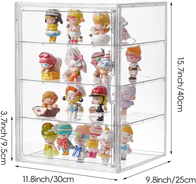 4 Tiers Clear Acrylic Display Case, Plastic Storage Bins with 3 Adjustable Divider and Magnetic Door,Stackable Display Box for Figures Showcase (XXL-4 Tier-1 Pack)