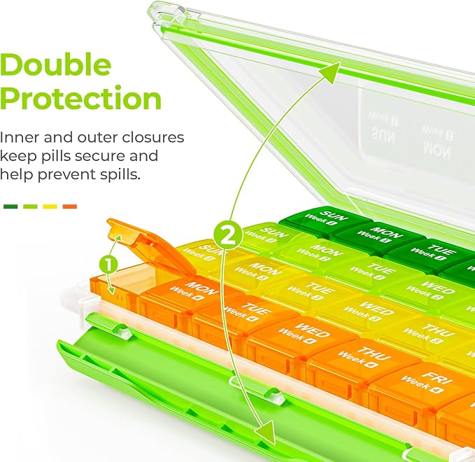 AUVON Moisture-Proof Monthly Pill Organizer, Large 28-Day Compartments | Pill Box Case with Removable 4 Weeks Medication Organizer Rows for Fish Oils, Vitamins, Supplements, Medications, BPA-Free