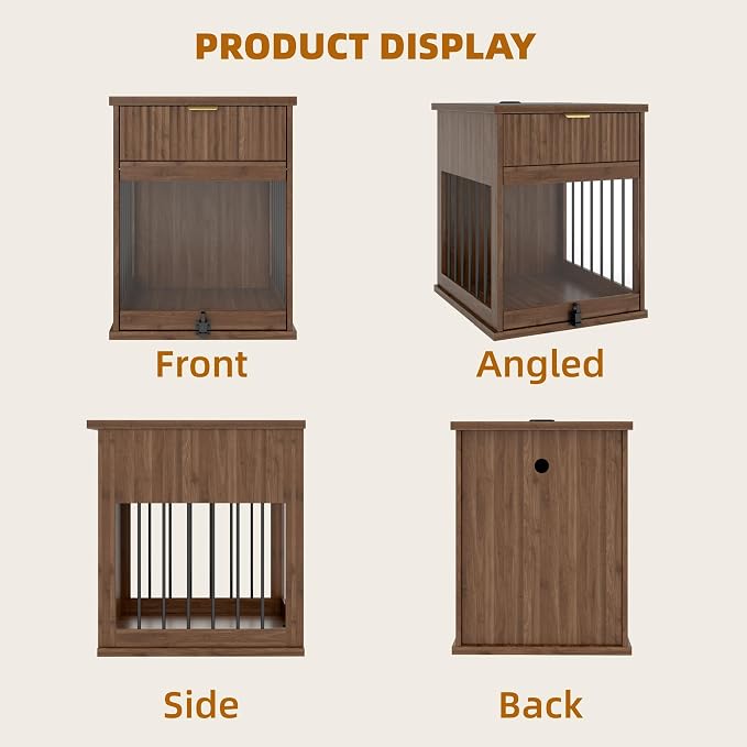 23.6" Small Dog Crate End Table with Charging Station, Dogs Kennel Furniture with Tempered Glass Door and Drawer, Wooden Decorative Dog Crates for Small Medium Dogs, Walnut