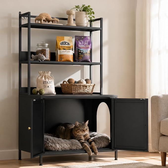 Cat Litter Box Enclosure with Shelves, Large Metal Pet House Washroom Dog Proof Furniture, Hidden Little Box Cabinet, Living Room Side End Table, Indoor Cat House, Assembly Required