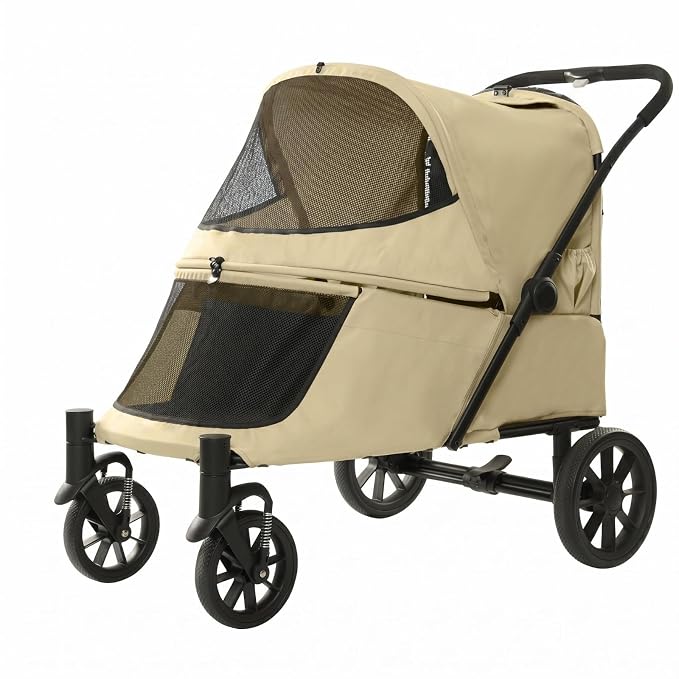Outdoor Transport Cart Pet Folding Enclosure Steel Carrier Mesh Ventilated Window Easy Entry Four Wheels Suitable for Pet Walks Shopping, Khaki, Khaki