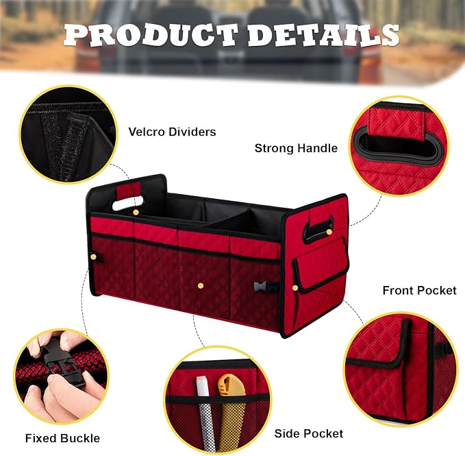 JiatuA Car Trunk Organizer for SUV, Collapsible Car Storage Organizer Red | Sturdy, Large Capacity, Diamond Decor, Multi Compartment Container Box Adjustable Car Accessories for Sedan Truck