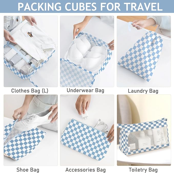 8 Set Packing Cubes for Travel, Luggage Packing Organizers Accessories Large Toiletries Bag for Clothes Shoes Cosmetics (Blue Checkered)
