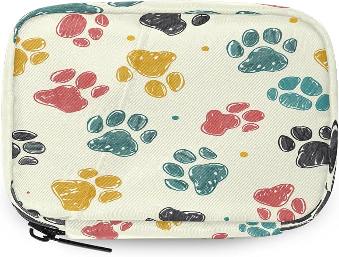 Weekly Pill Organizer Travel Size Bag with Removable 7 Day Pill Box Portable Vitamin Case Purse with Zipper,Vintage Pet Paws Beige