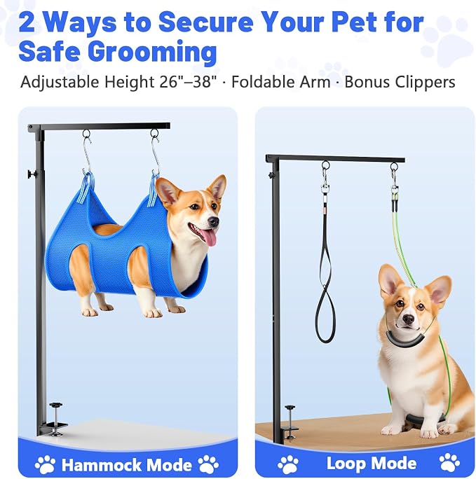 Dog Grooming Arm, 26"-38" Adjustable Clamp with Hammock | Nail Clippers Included, Adjustable Height, Heavy-Duty Design, 2 No-Sit Holders, Small & Medium Dogs